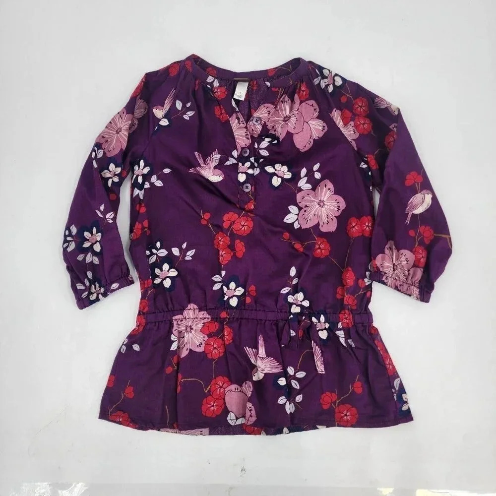 Tea Collection‎ Girls Purple Floral Tunic Top Long Sleeve V-Neck Size 6
